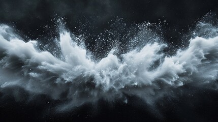 A broad horizontal design of white snow cloud explosion on a dark backdrop. - obrazy, fototapety, plakaty