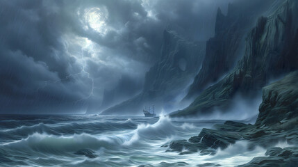 Stormy seascape with lightning and sailing ship - obrazy, fototapety, plakaty