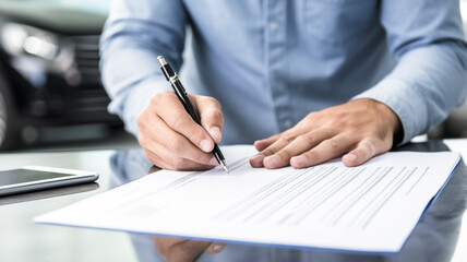 Man signing car insurance document or lease paper. Writing signature on contract or agreement. Buying or selling new vehicle.
 - obrazy, fototapety, plakaty