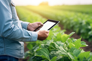 Closeup of farmer's hands holding a tablet and checking the progress of the harvest at the green soy field. Agricultural concept.