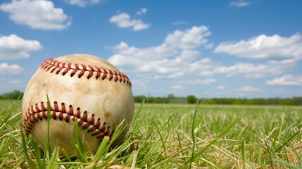 Vivid close up of baseball on green field in realistic daylight for sports background or wallpaper