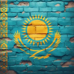 Kazakhstan flag overlay on old granite brick and cement wall texture for background use