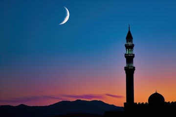 Islamic Mosque with minaret, Ramadan/EID new moon on background, Ramzan Mubarak Muslim holy motnh - obrazy, fototapety, plakaty