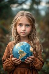 A child girl holding the planet earth. Save nature Earth day concept