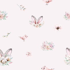 Cute easter bunnies background grass, blossom flowers on a white background. Watercolor seamless pattern