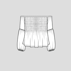 Off Shoulder Smocked Shirred lantern sleeve top smocking elastic gatherings detail fashion top t shirt blouse clothing flat sketch technical drawing template design vector