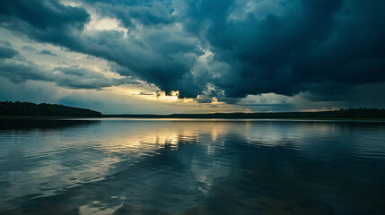 A calm lake reflecting the dramatic clouds of an approaching storm with darkening skies.