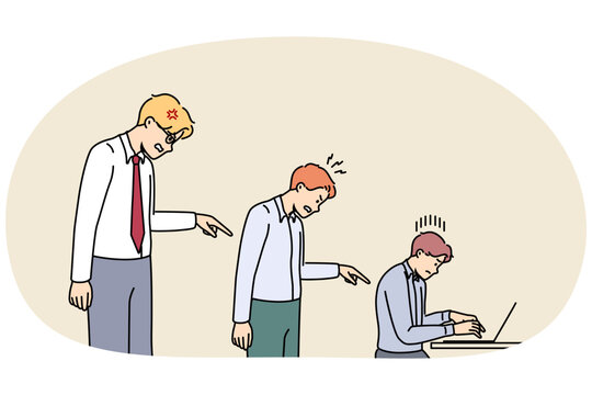 Manager scolding subordinate in office. Employer and boss lecturing supervising intern. Concept of work subordination and supervision. Vector illustration.