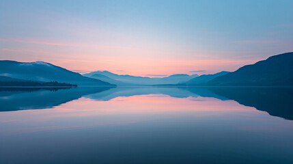 Fototapeta na wymiar A calm lake reflecting the surrounding mountains and sky at dawn.