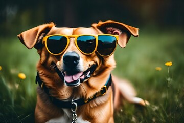 dog with sunglasses - obrazy, fototapety, plakaty