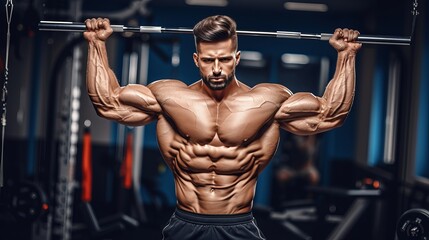 Fototapeta na wymiar Young male bodybuilder posing and exercising in gym with copy space for text placement