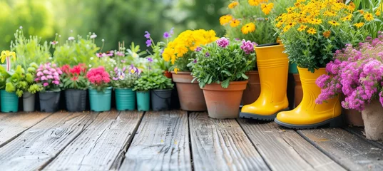 Fotobehang Sunny spring and summer garden background with flowerpots and yellow boots for gardening © Ilja