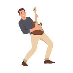 Young boy playing electric guitar rock music. Flat vector illustration isolated on white background