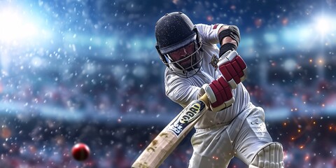 Close-up shot of a Cricket player in action, batting the ball in a front view perspective.