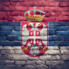 Serbia flag overlay on old granite brick and cement wall texture for background use