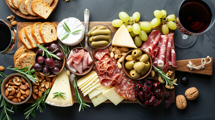 A cheese and charcuterie board with a selection of artisan cheeses cured meats nuts and fruits perfect for a wine pairing. - obrazy, fototapety, plakaty