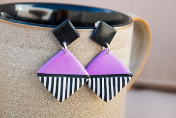 Modern lilac earrings. Black white polymer clay earrrings.
