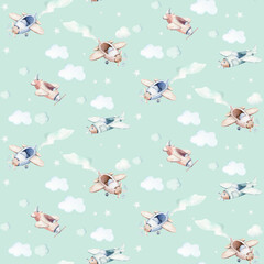 Watercolor airplane kid seamless pattern. Watercolor toy background baby cartoon cute pilot hippopotamus, zebra with hippo, lion aviation sky transport airplanes, clouds.