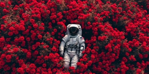 Astronaut lying down on a field full of rose flowers, fantasy shot