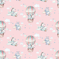 Watercolor airplane kid seamless pattern. Watercolor toy background baby cartoon cute pilot hippopotamus, zebra with hippo, lion aviation sky transport airplanes, clouds. - 723215389