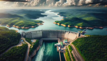 A hydroelectric power station on a large river with lush green banks. 