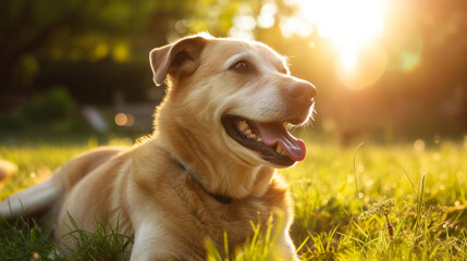 Happy golden retriever dog sitting in sunny summer park