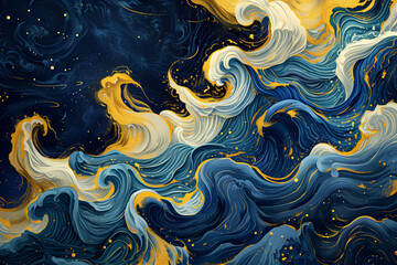 Enchanting fairytale ocean waves art painting with unique blue and gold wavy swirls, creating a magical water scene. Features fairytale navy and yellow sea waves,making it suitable for children's book