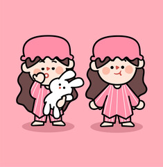 adorable sleepy little girl in pajama doodle digital asset