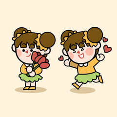 adorable energetic girl play with flowers doodle digital asset