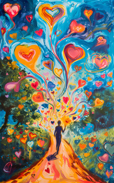 Journey of the Heart: A Solitary Figure Amidst a Whirlwind of Colorful Hearts in a Mystical Forest