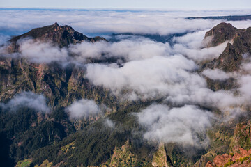 Madeira mountains peaks in clouds