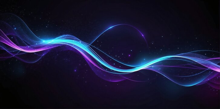 glowing curves neon lines in black  background, with copy space.