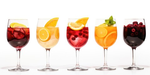 A collection of glasses filled with various types of drinks. Ideal for showcasing a wide range of beverages.