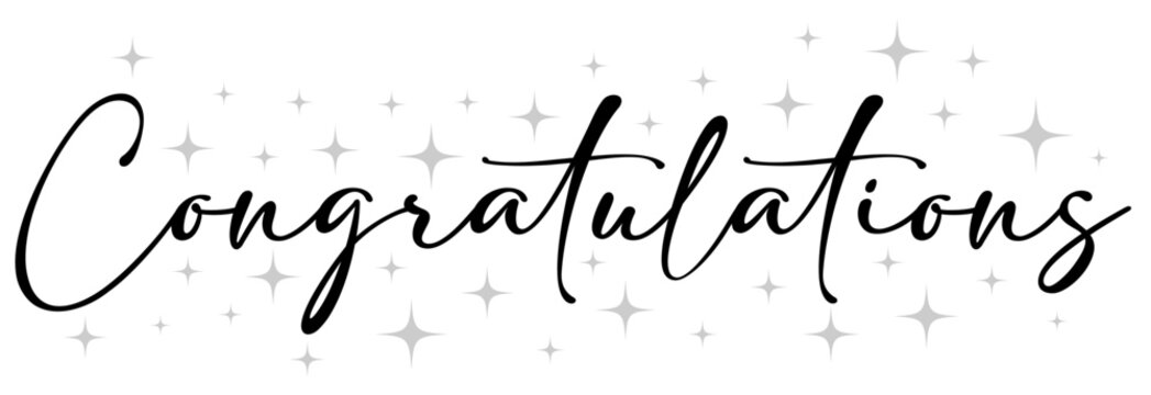 Congratulations black sign with stars. Congratulations handwritten black text with grey stars. Congratulations with Stars.