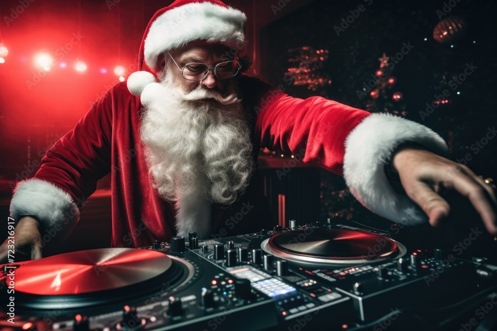 Canvas Prints A man dressed as Santa Claus playing as a DJ. Perfect for holiday parties and Christmas events