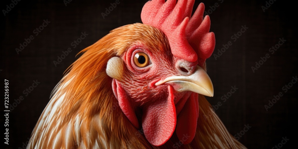 Poster a close up view of a rooster's head on a black background. this image can be used for various purpos