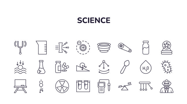 editable outline icons set. thin line icons from science collection. linear icons such as sound, dispersion, vortex, radiation, seesaw, professor