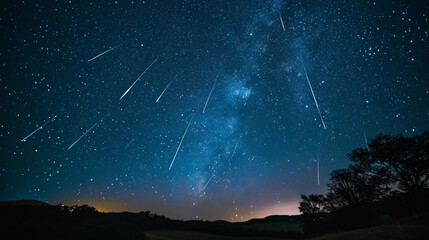 A clear night sky with shooting stars. - obrazy, fototapety, plakaty