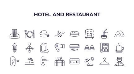 editable outline icons set. thin line icons from hotel and restaurant collection. linear icons such as hostel, hot stones, sandwich, doorknob, beach hotel, bellboy - obrazy, fototapety, plakaty