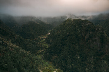 Madeira mountains peaks in clouds