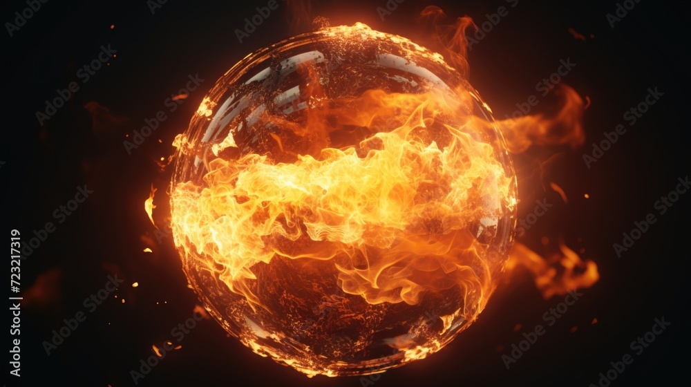Poster A sphere of fire against a black backdrop. Perfect for adding a dramatic touch to any project