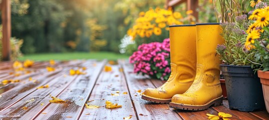 Sunny spring or summer garden with flowerpots and yellow boots gardening background - obrazy, fototapety, plakaty