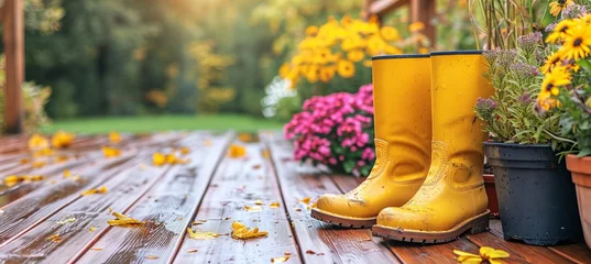 Foto auf Acrylglas Garten Sunny spring or summer garden with flowerpots and yellow boots gardening background