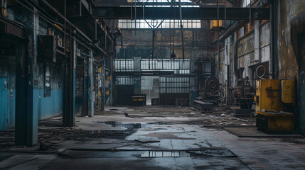 A closed-down factory with old assembly lines and hanging wires.