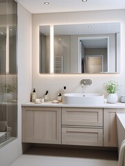 Fototapeta na wymiar Bright bathroom with vanity, basin and looking glass.