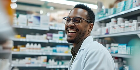 Friendly pharmacist smiling at work. healthcare professional in a pharmacy. approachable and trustworthy staff member. AI