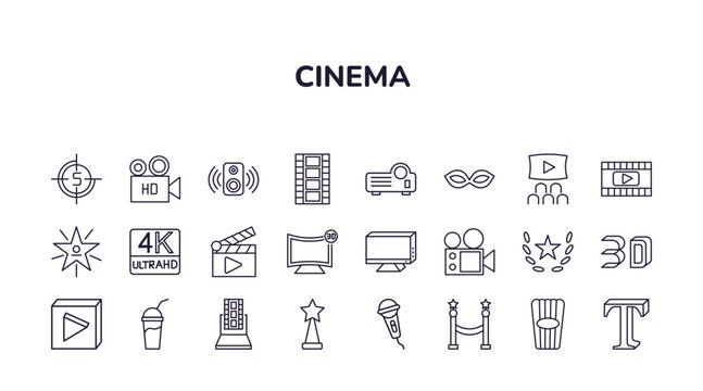 editable outline icons set. thin line icons from cinema collection. linear icons such as movie countdown, loud woofer box, image projector, laptop with film strip, cinema borders, 3d text