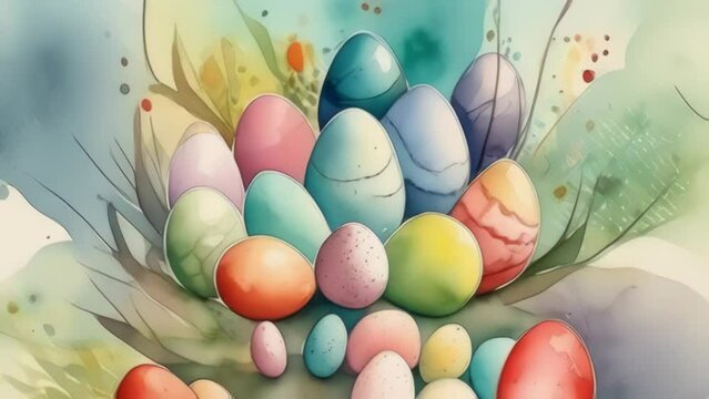 Happy Easter footage with colored painted eggs in a clearing in the style of a watercolor drawing in pastel colors. the symbol of the Easter holiday