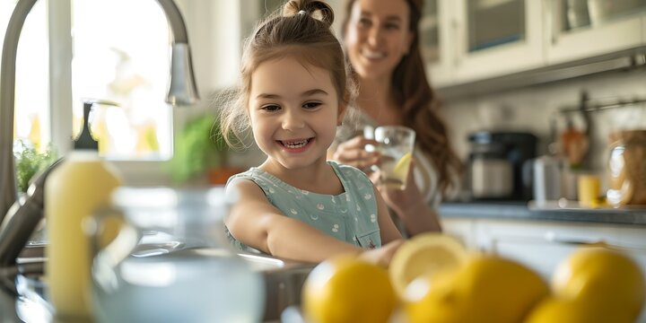 Joyful family time in the kitchen, smiling child with water glass, homely atmosphere. lifestyle image. AI