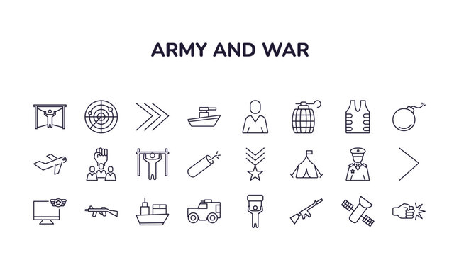 Editable Outline Icons Set. Thin Line Icons From Army And War Collection. Linear Icons Such As Torture, Chevrons, Civilian, Ship, Automatic Gun, Assault